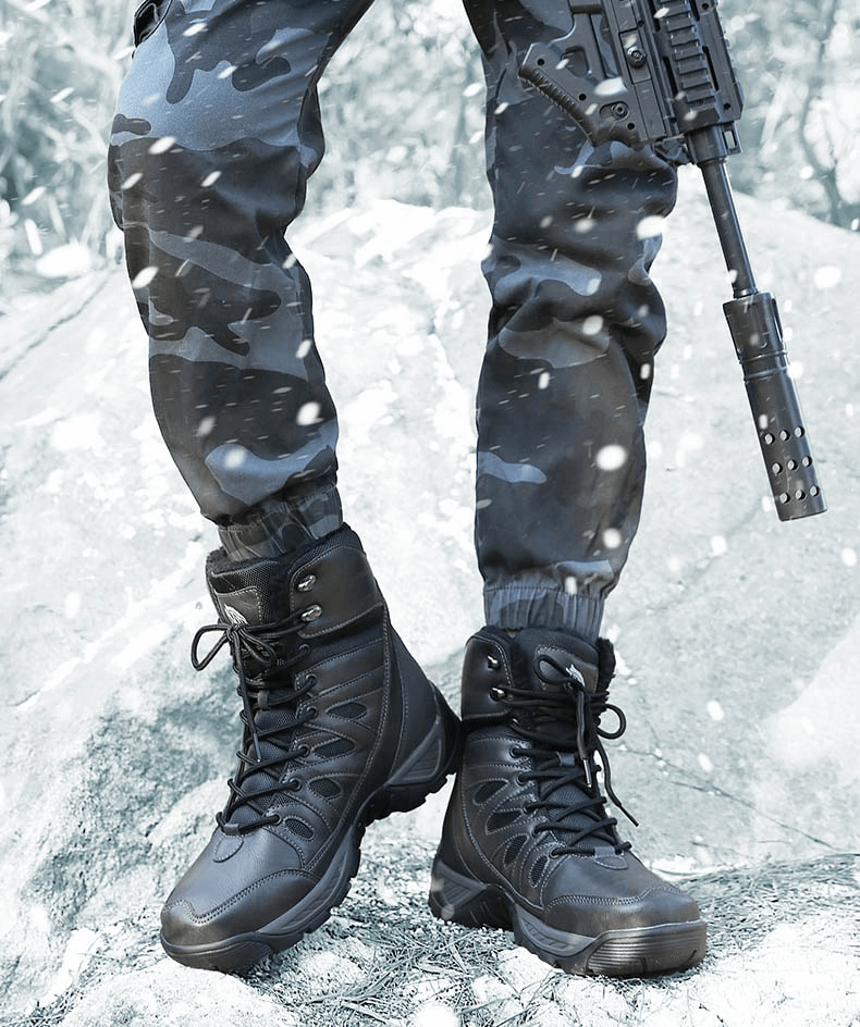 Waterproof leather anti-slip military snow boots with warm plush lining on a snowy day, providing style and comfort.